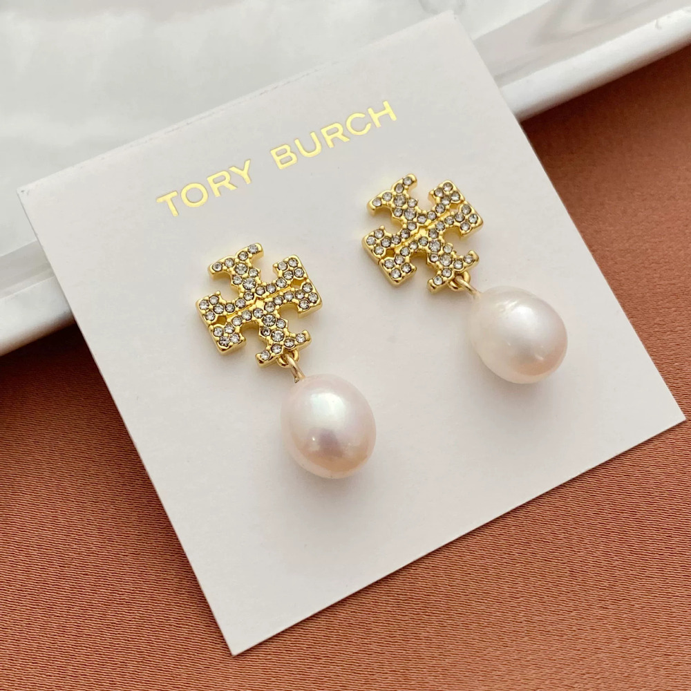 Tory Burch Diamond Letter Pearl Drop Earrings Metal